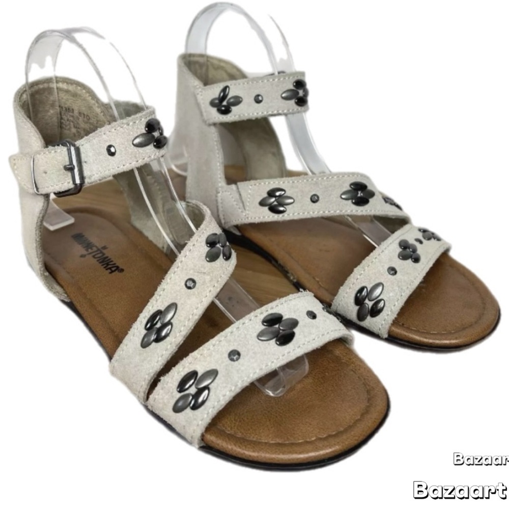 MINNETONKA Tangier Sandals, Sz 9, Suede Leather, Studded, Embellished, Taupe
